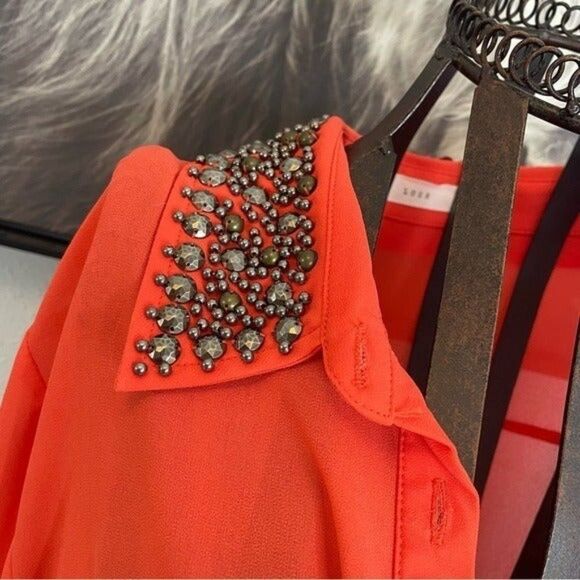 Nordstrom Red Button Down Shirt with Embellished Collar - Picture 4 of 5